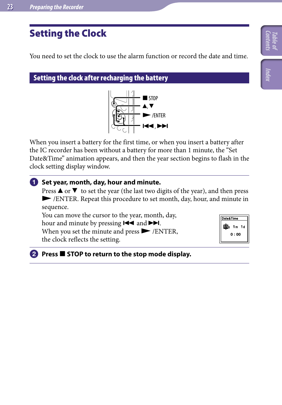 Setting the clock, Setting the clock after recharging the battery, Setting the clock after recharging the | Battery | Sony ICD-UX523BLK User Manual | Page 23 / 140
