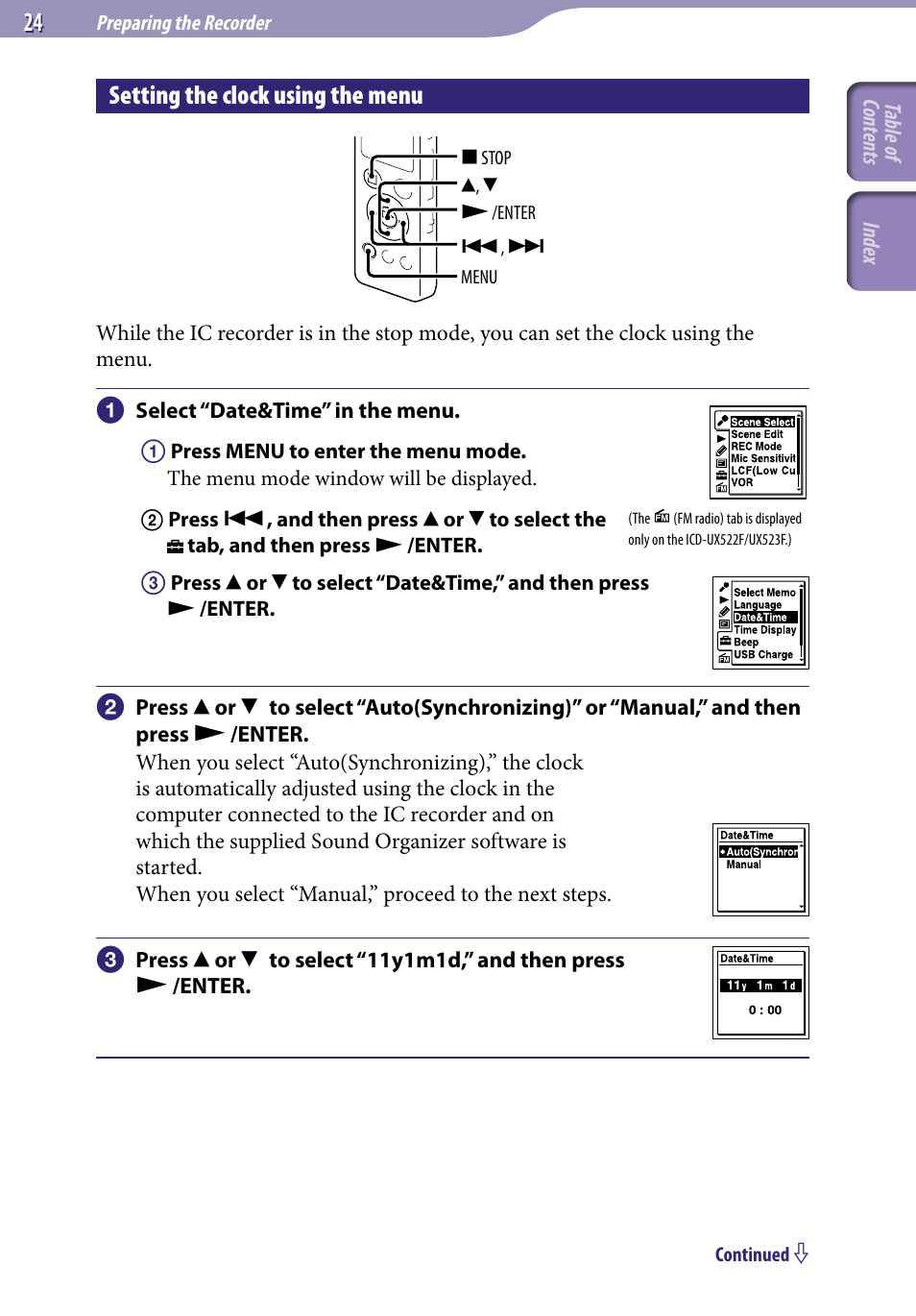 Setting the clock using the menu | Sony ICD-UX523BLK User Manual | Page 24 / 140