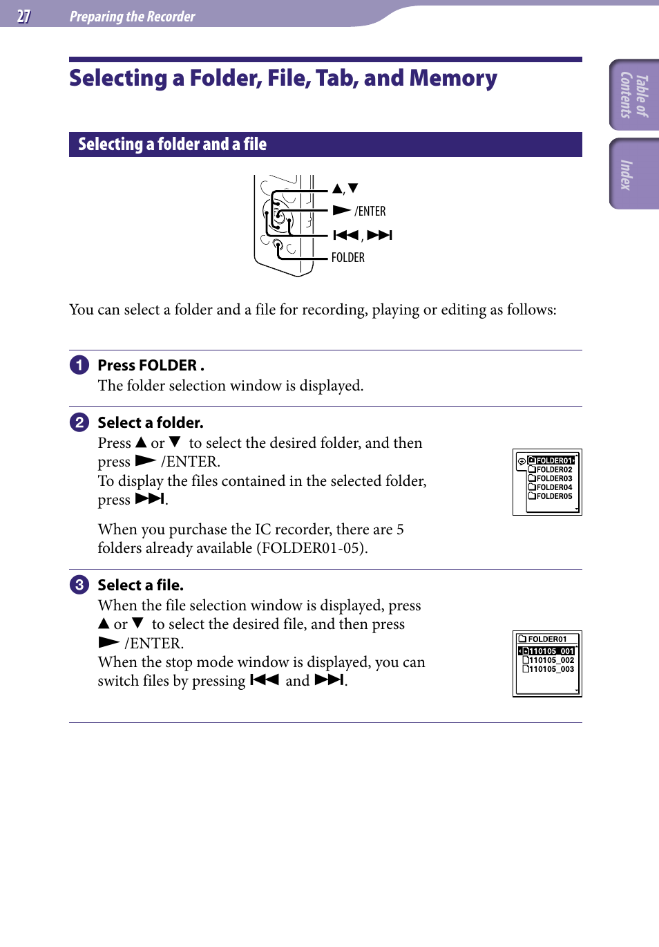 Selecting a folder, file, tab, and memory, Selecting a folder and a file, Selecting a folder, file, tab, and | Memory | Sony ICD-UX523BLK User Manual | Page 27 / 140