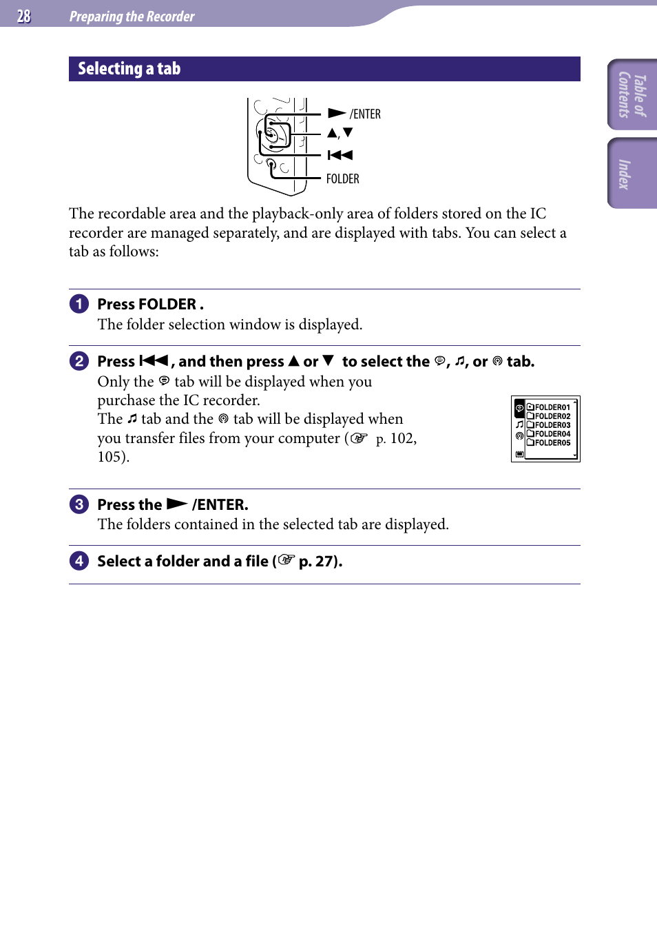 Selecting a tab | Sony ICD-UX523BLK User Manual | Page 28 / 140