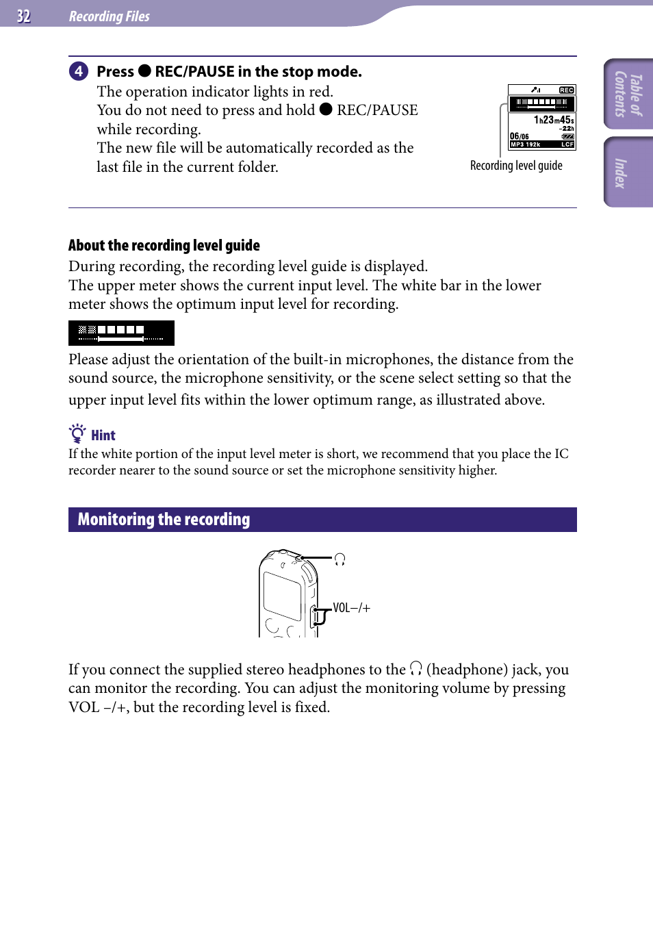 Monitoring the recording | Sony ICD-UX523BLK User Manual | Page 32 / 140