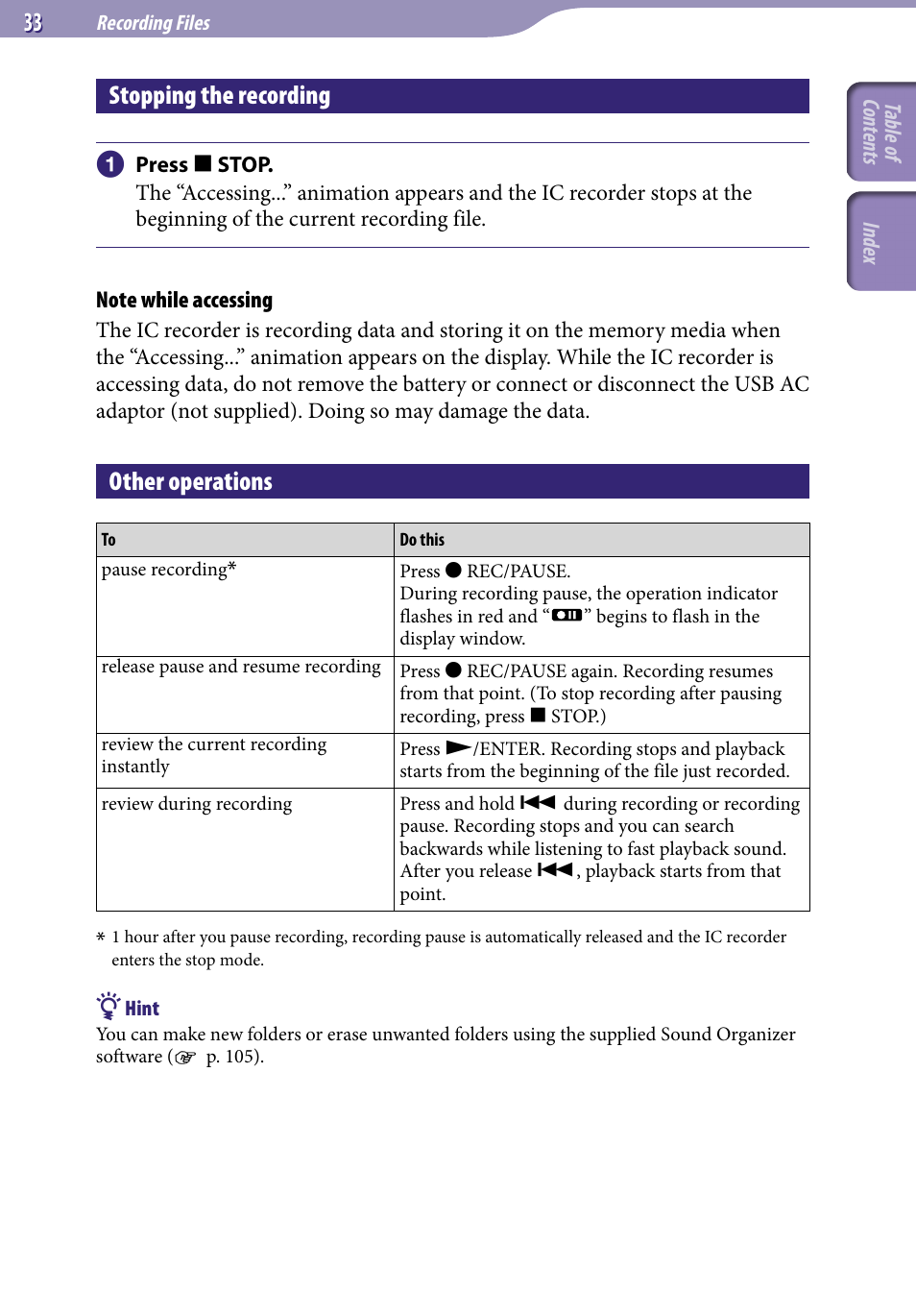 Stopping the recording, Other operations | Sony ICD-UX523BLK User Manual | Page 33 / 140