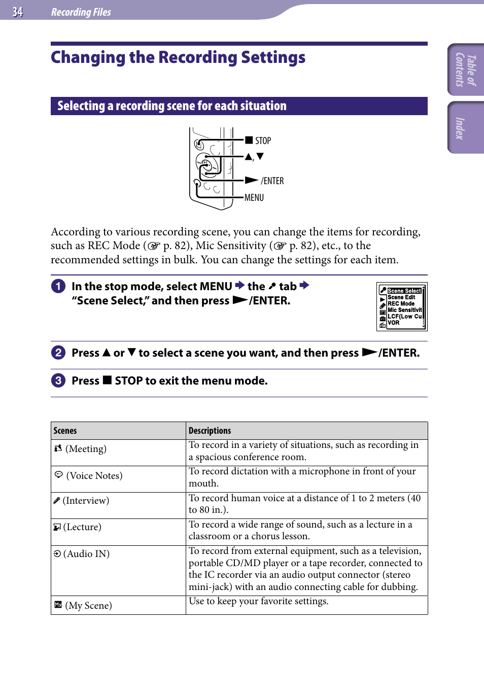 Changing the recording settings, Selecting a recording scene for each situation, Selecting a recording scene for each | Situation | Sony ICD-UX523BLK User Manual | Page 34 / 140