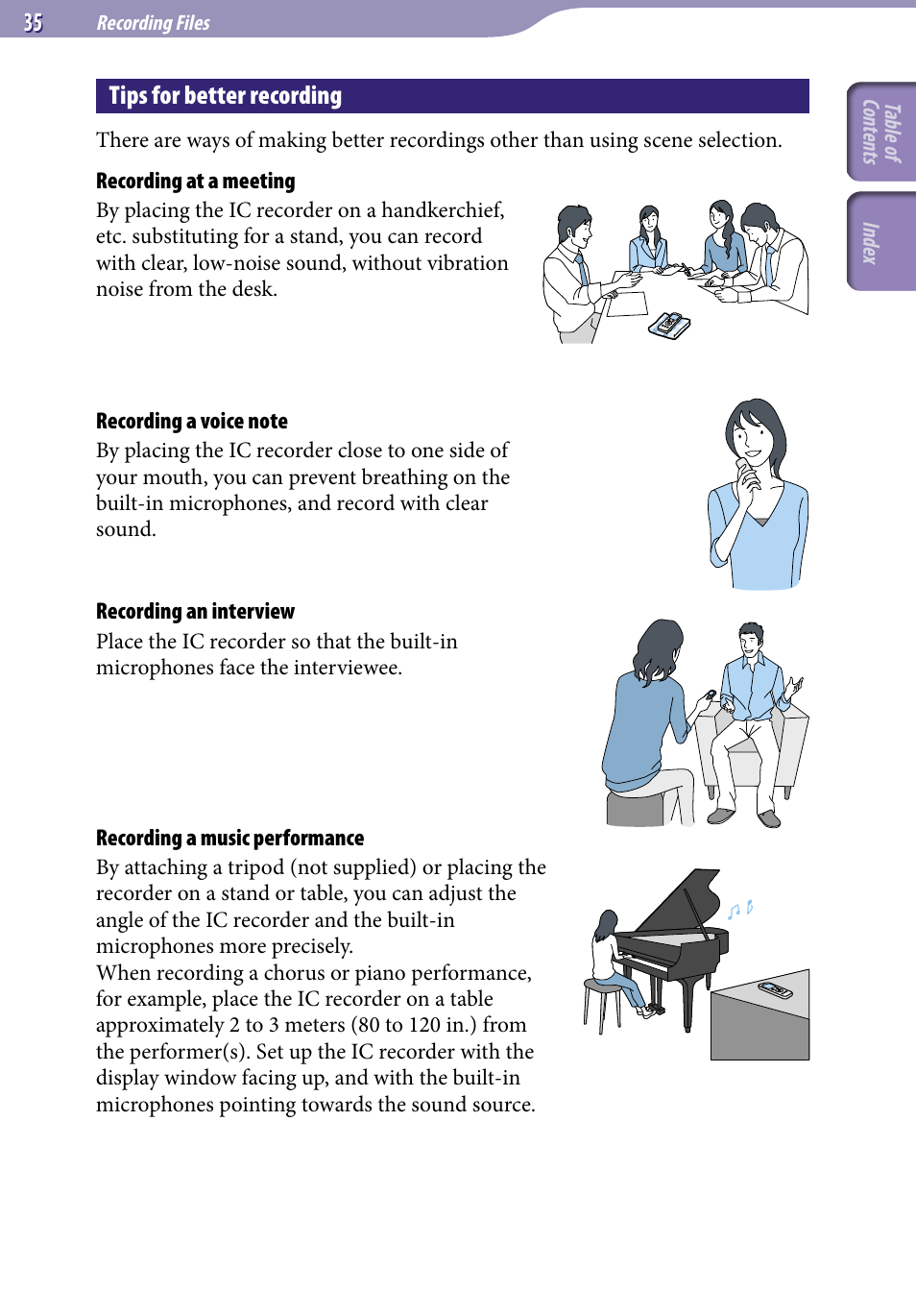 Tips for better recording | Sony ICD-UX523BLK User Manual | Page 35 / 140