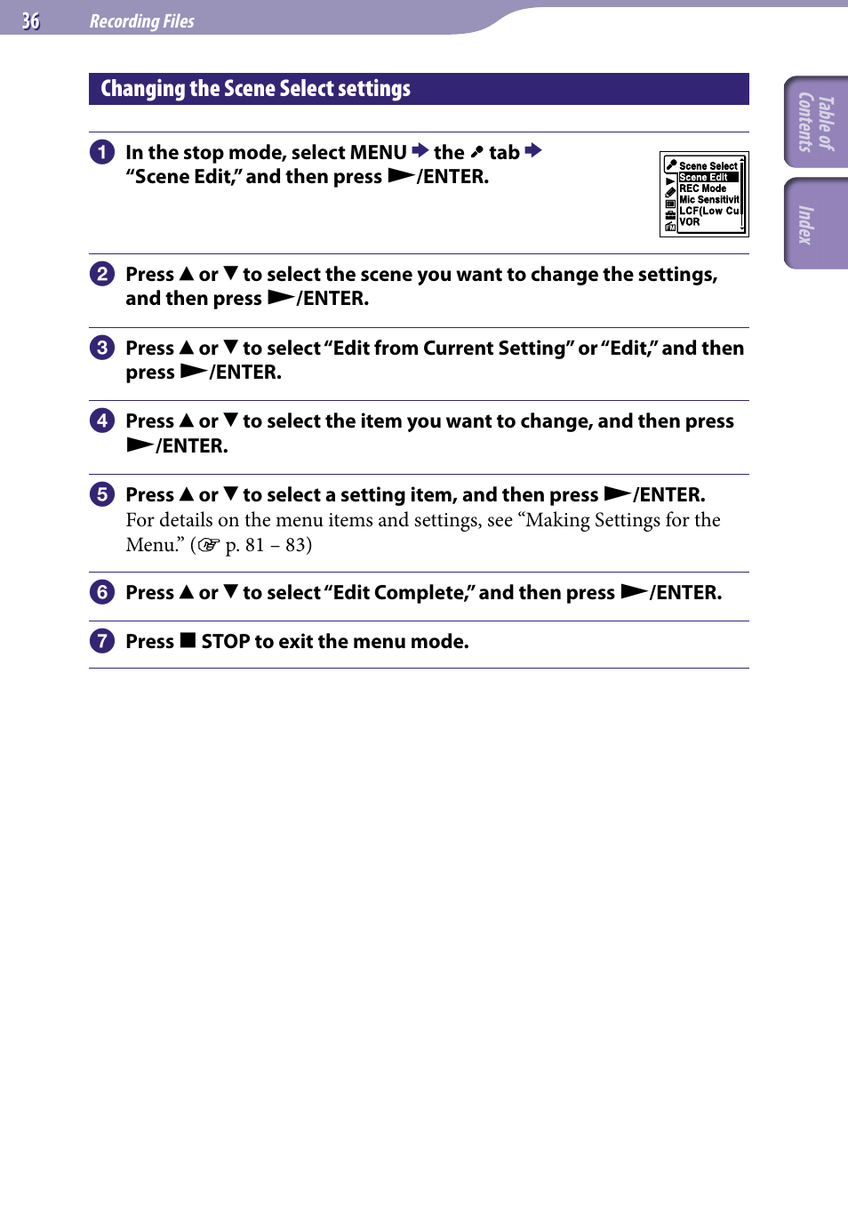 Changing the scene select settings | Sony ICD-UX523BLK User Manual | Page 36 / 140