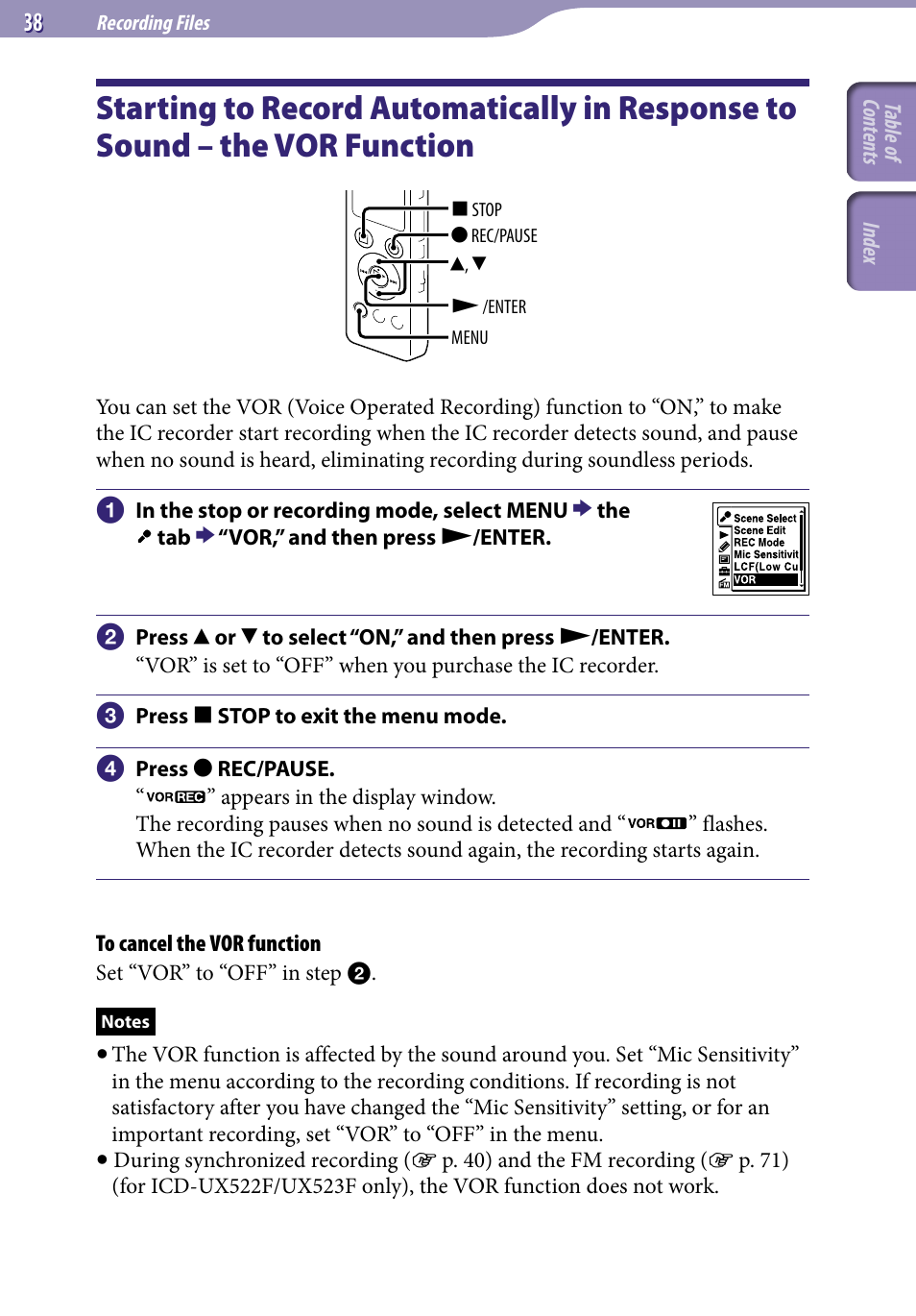 Starting to record automatically in, Response to sound, The vor function | Sony ICD-UX523BLK User Manual | Page 38 / 140
