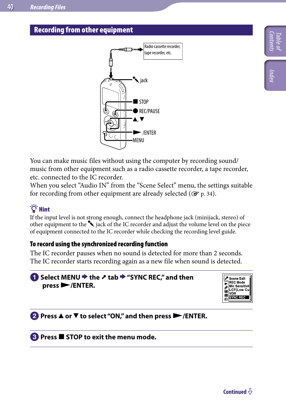 Recording from other equipment, 40) a | Sony ICD-UX523BLK User Manual | Page 40 / 140