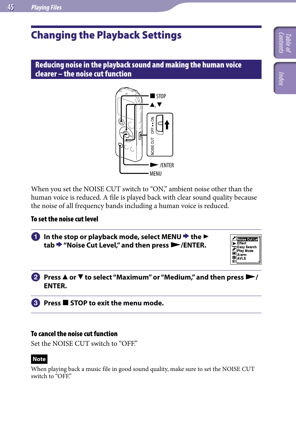 Changing the playback settings, Reducing noise in the playback sound, And making the human voice clearer | The noise cut function | Sony ICD-UX523BLK User Manual | Page 45 / 140