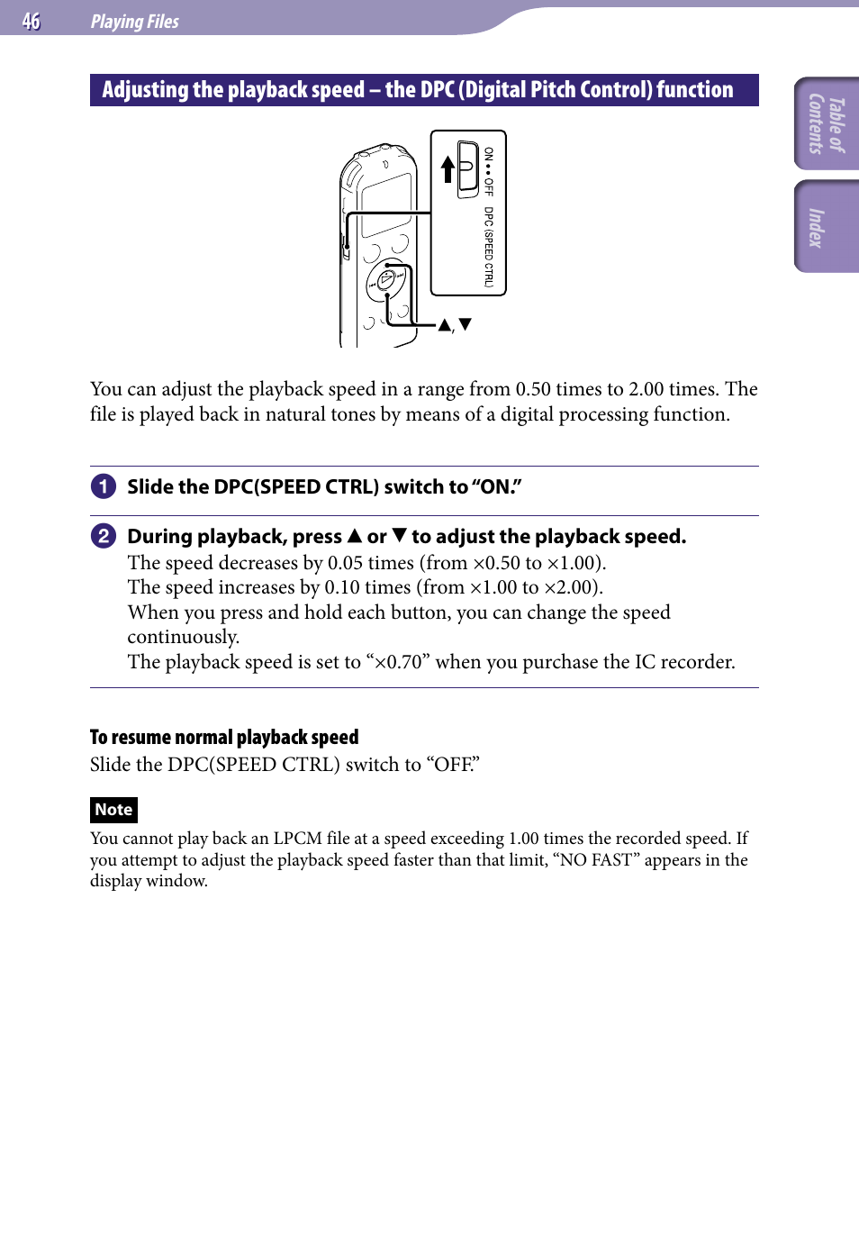 Adjusting the playback speed – the dpc, Digital pitch control) function | Sony ICD-UX523BLK User Manual | Page 46 / 140