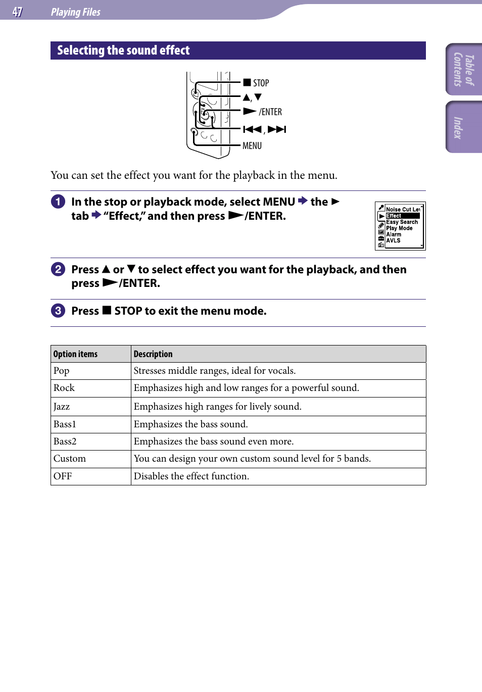 Selecting the sound effect | Sony ICD-UX523BLK User Manual | Page 47 / 140