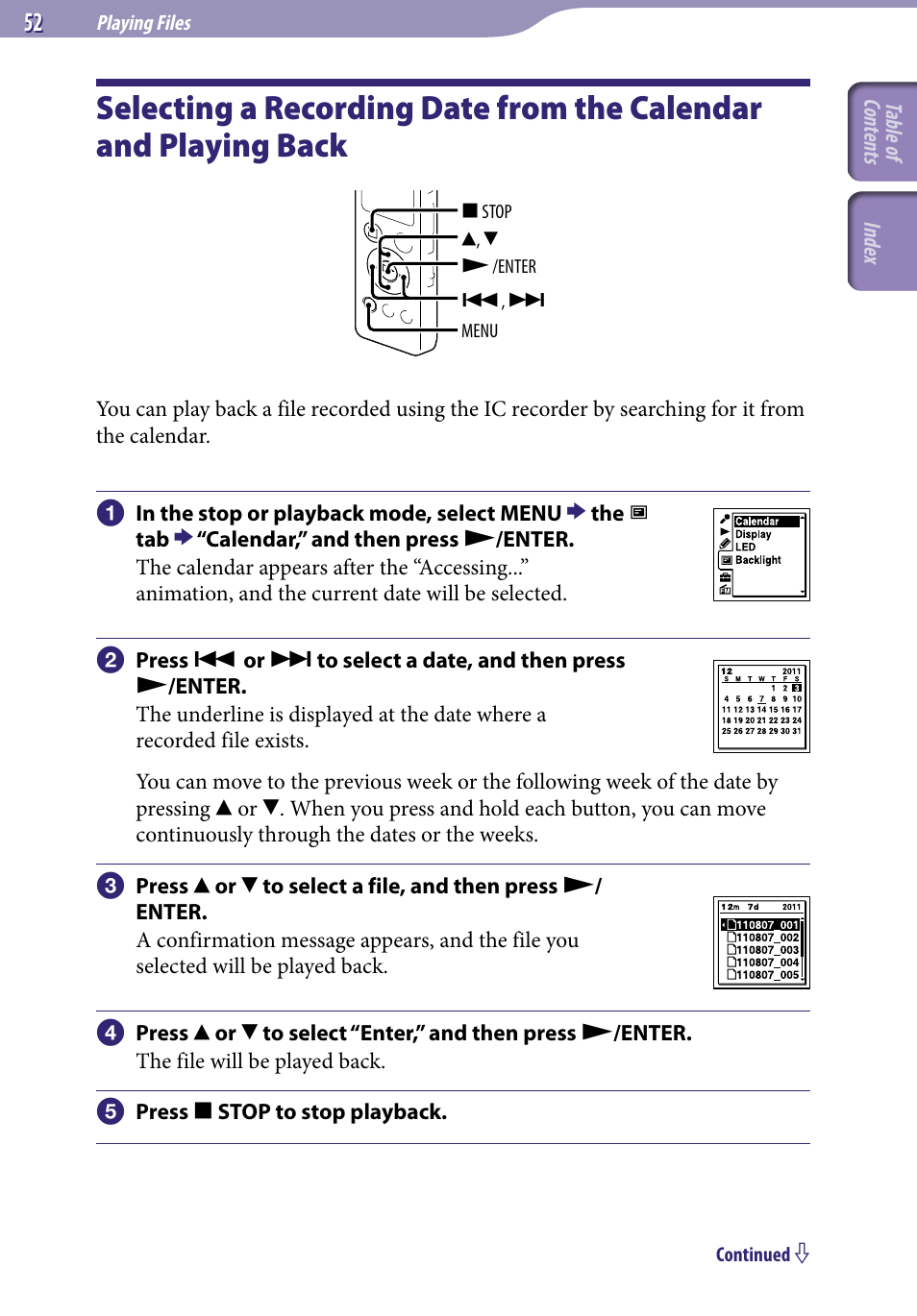 Selecting a recording date from the, Calendar and playing back | Sony ICD-UX523BLK User Manual | Page 52 / 140
