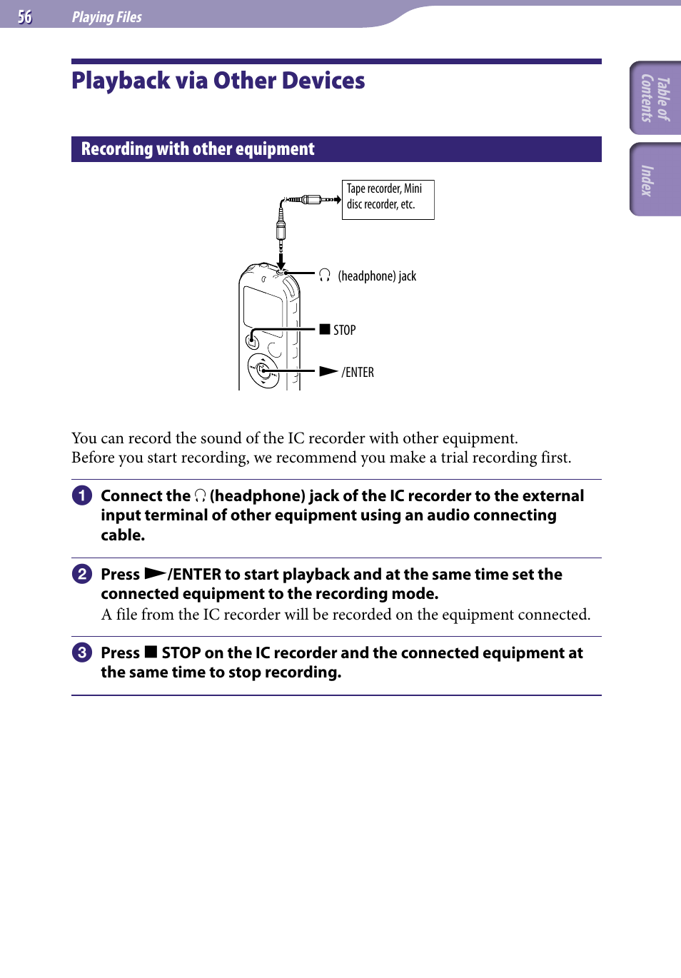 Playback via other devices, Recording with other equipment | Sony ICD-UX523BLK User Manual | Page 56 / 140