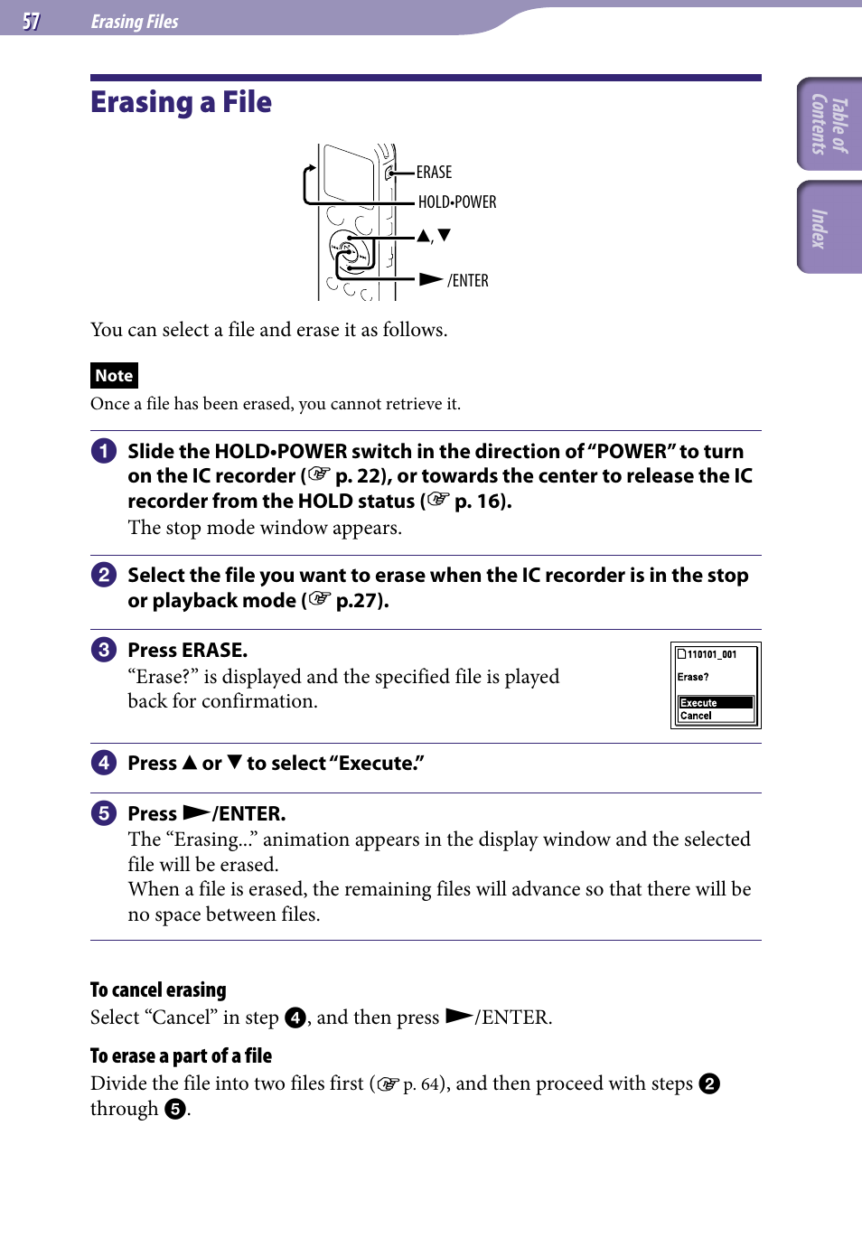 Erasing files, Erasing a file | Sony ICD-UX523BLK User Manual | Page 57 / 140