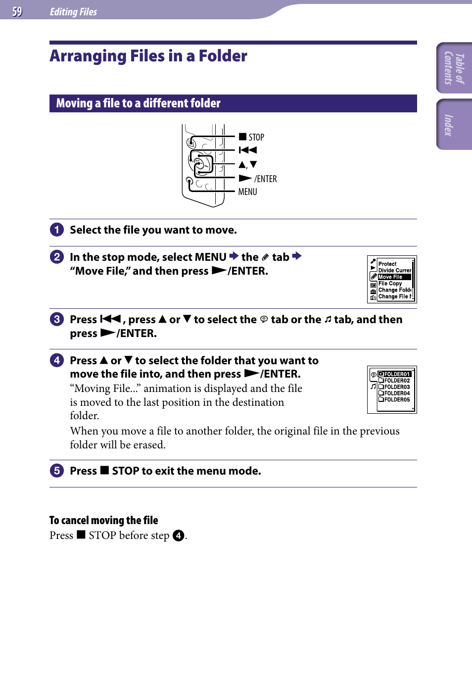 Editing files, Arranging files in a folder, Moving a file to a different folder | Sony ICD-UX523BLK User Manual | Page 59 / 140