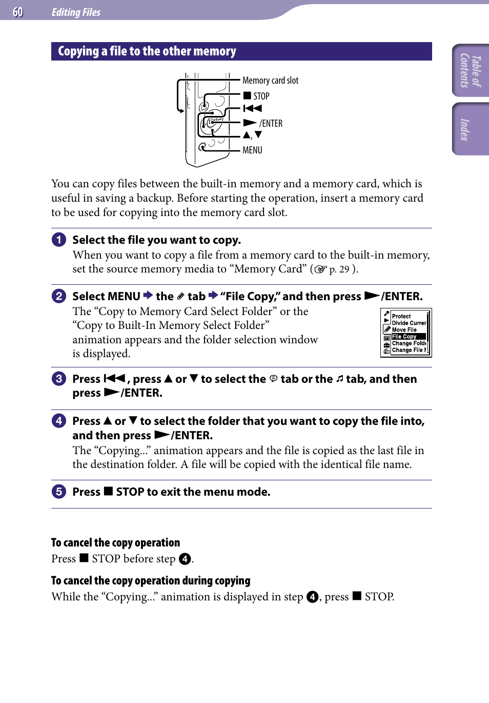 Copying a file to the other memory | Sony ICD-UX523BLK User Manual | Page 60 / 140