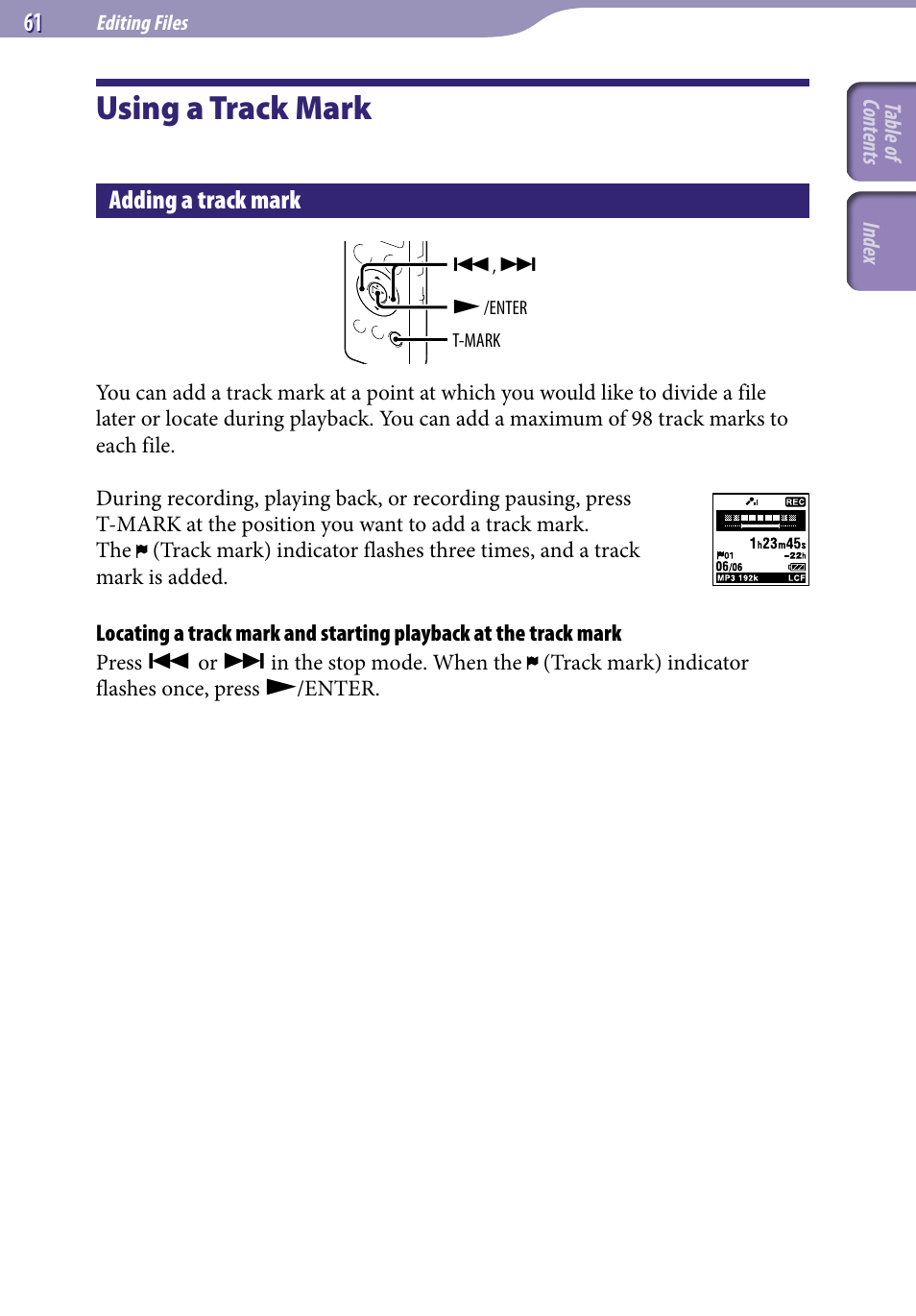 Using a track mark, Adding a track mark | Sony ICD-UX523BLK User Manual | Page 61 / 140