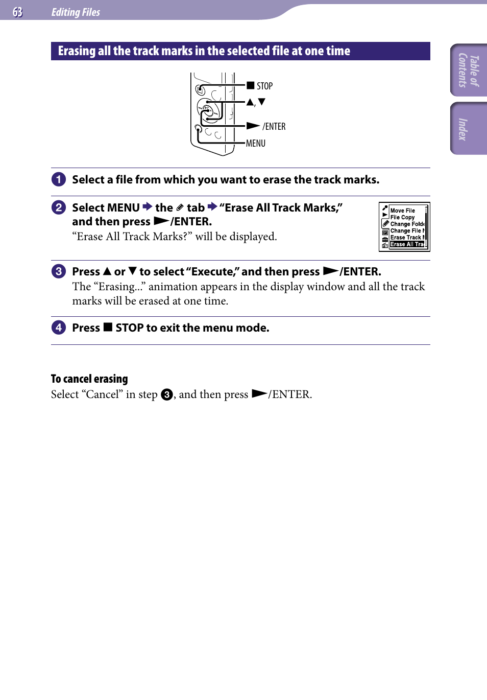Erasing all the track marks in the, Selected file at one time | Sony ICD-UX523BLK User Manual | Page 63 / 140