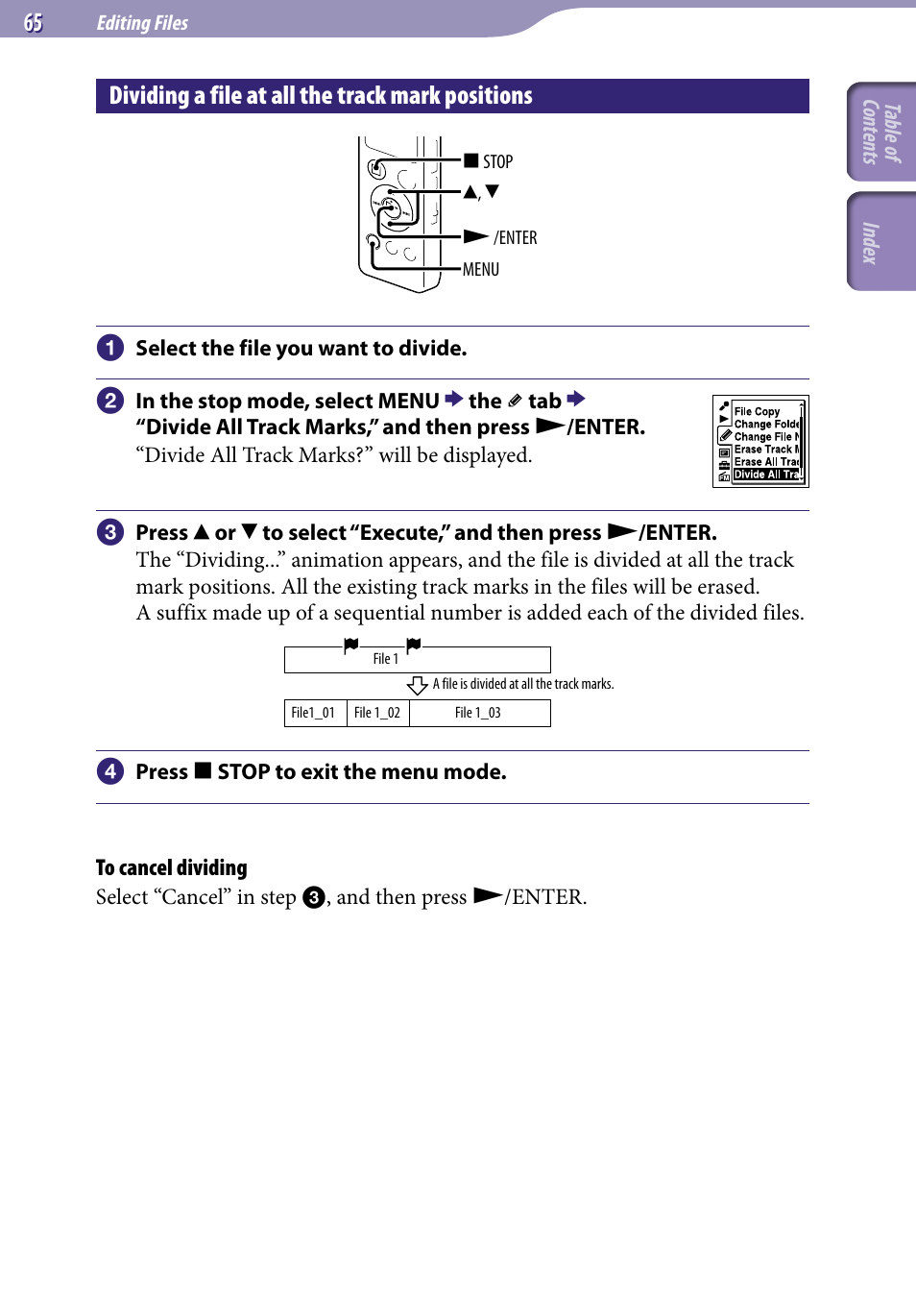 Dividing a file at all the track mark positions, Dividing a file at all the track mark, Positions | Sony ICD-UX523BLK User Manual | Page 65 / 140
