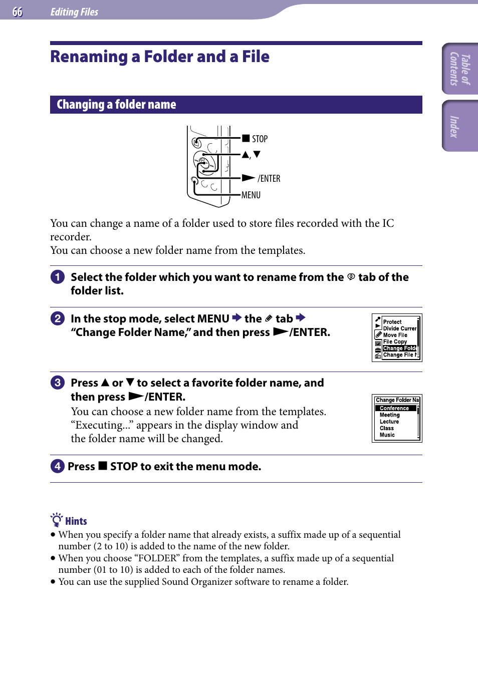 Renaming a folder and a file, Changing a folder name | Sony ICD-UX523BLK User Manual | Page 66 / 140