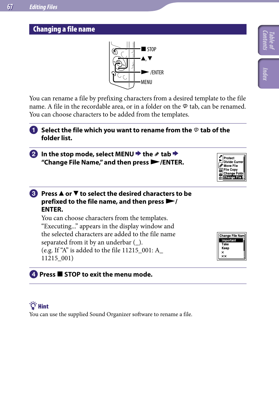 Changing a file name | Sony ICD-UX523BLK User Manual | Page 67 / 140