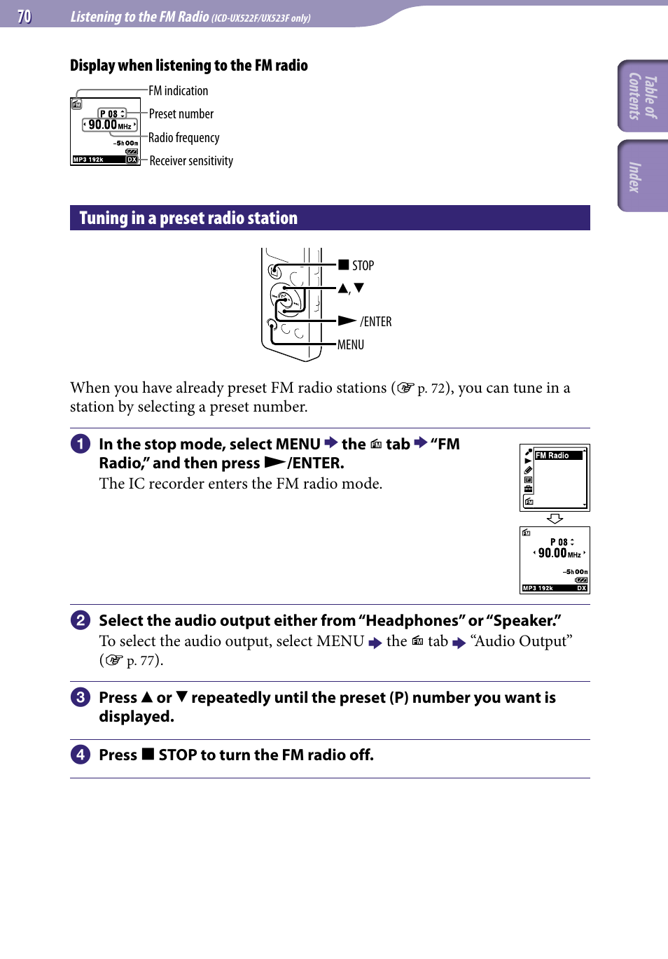 Tuning in a preset radio station | Sony ICD-UX523BLK User Manual | Page 70 / 140