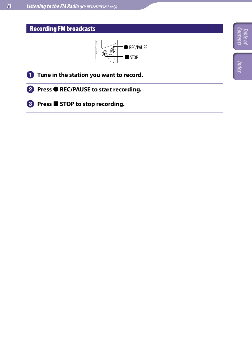 Recording fm broadcasts | Sony ICD-UX523BLK User Manual | Page 71 / 140