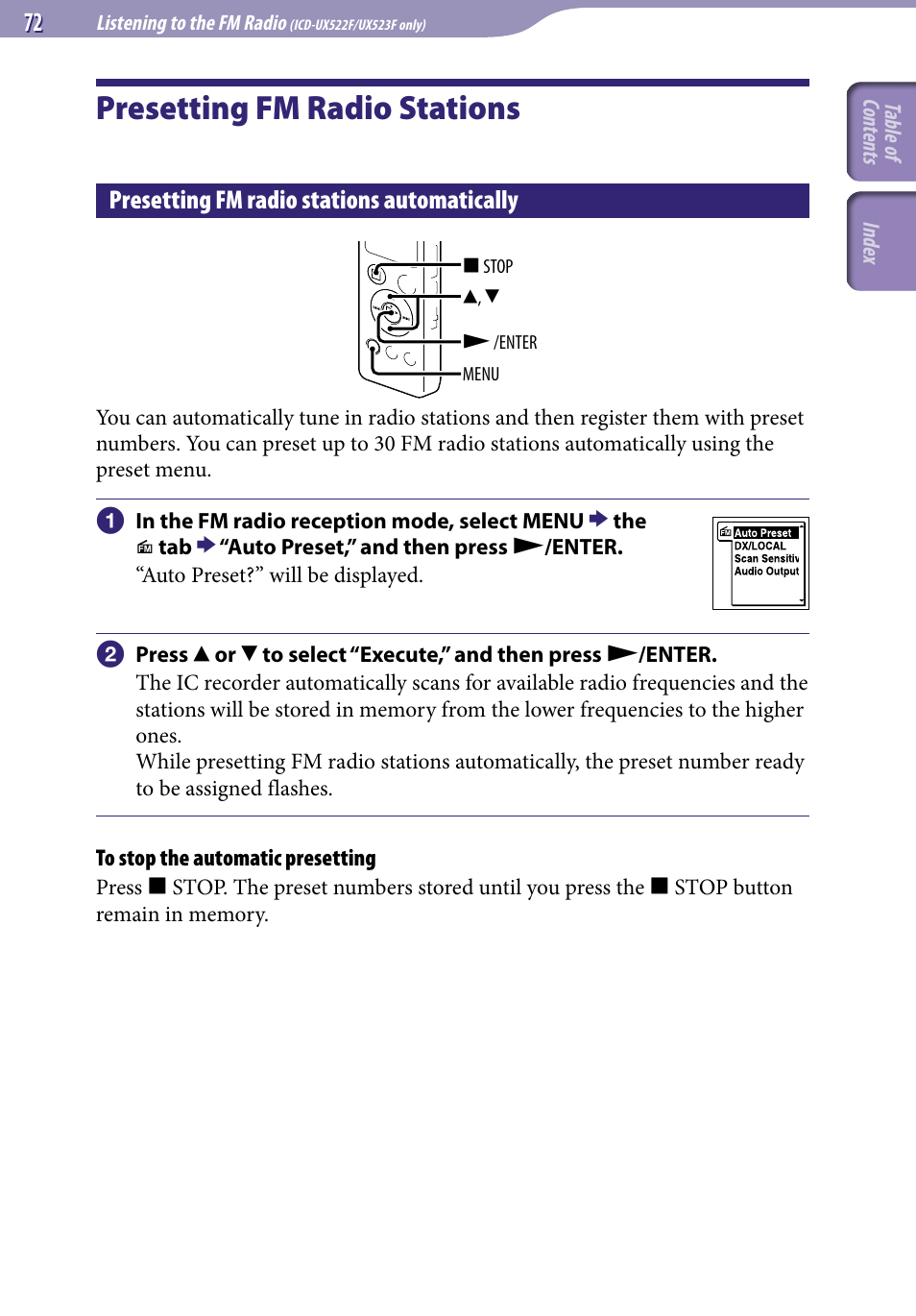 Presetting fm radio stations, Presetting fm radio stations automatically, Automatically | Sony ICD-UX523BLK User Manual | Page 72 / 140