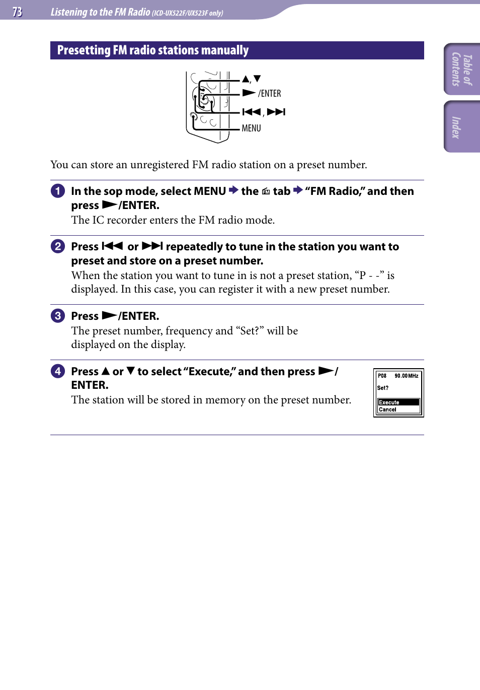 Presetting fm radio stations manually | Sony ICD-UX523BLK User Manual | Page 73 / 140