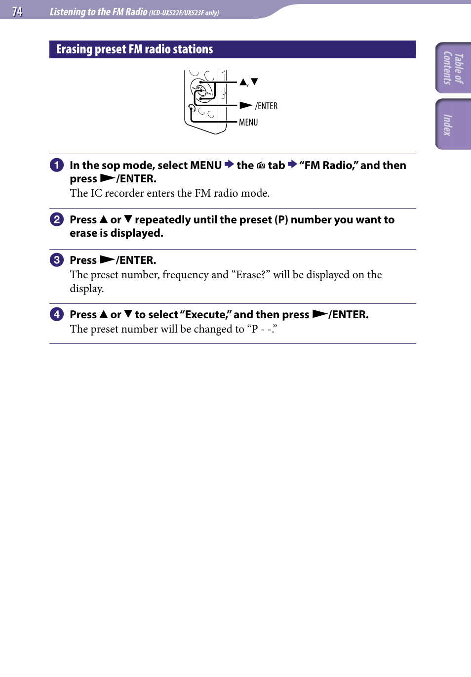 Erasing preset fm radio stations | Sony ICD-UX523BLK User Manual | Page 74 / 140