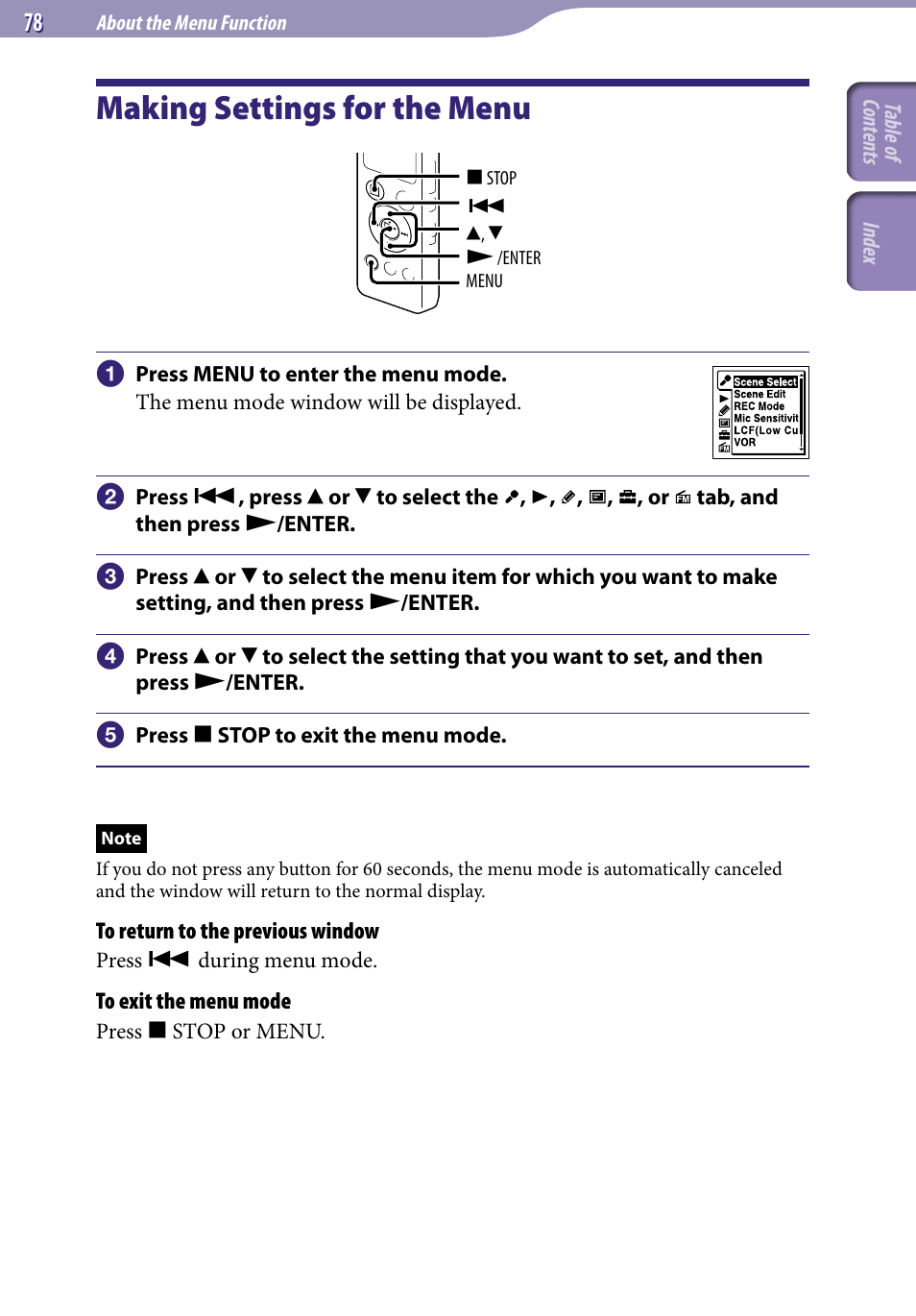 About the menu function, Making settings for the menu | Sony ICD-UX523BLK User Manual | Page 78 / 140