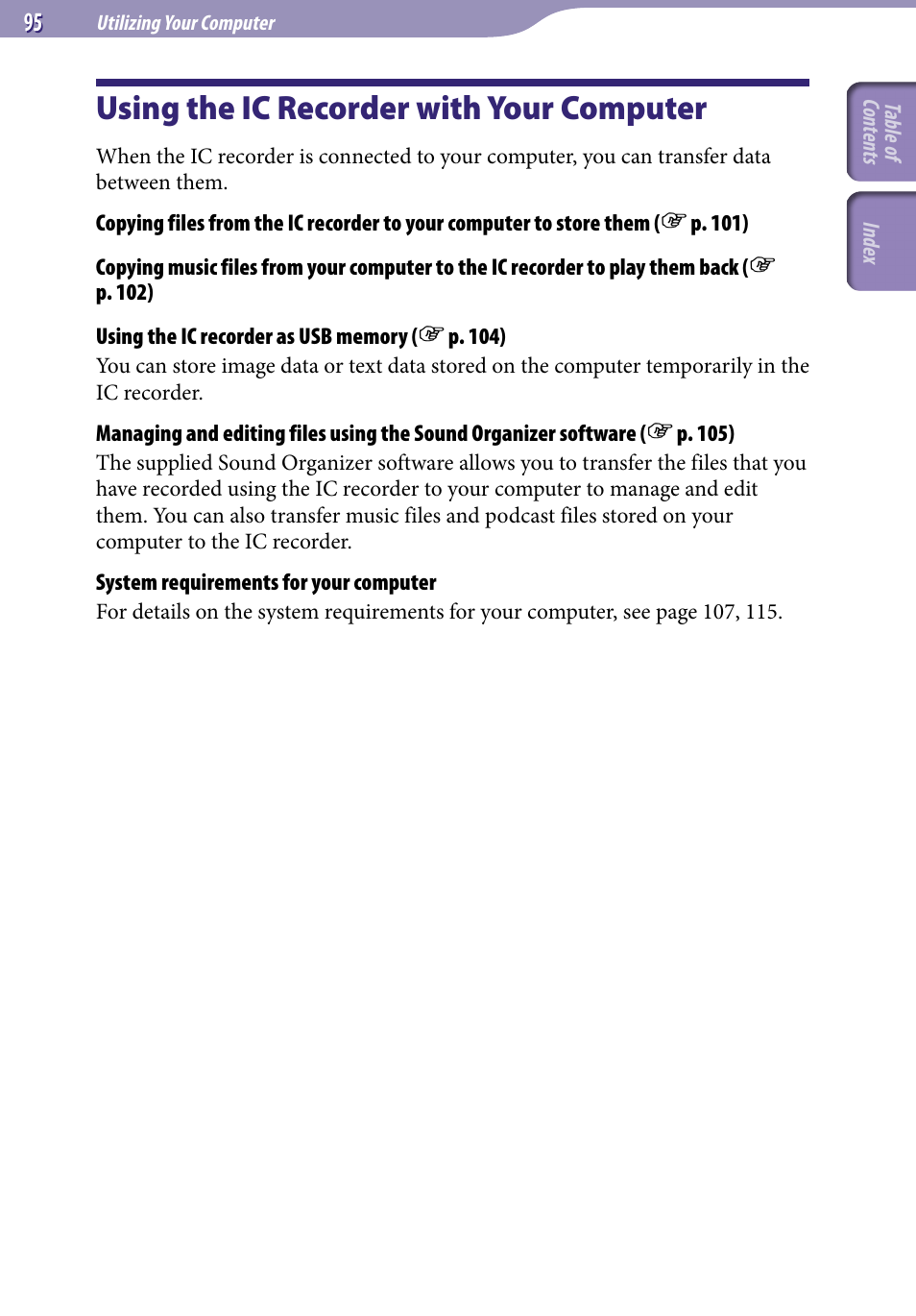 Utilizing your computer, Using the ic recorder with your computer, Using the ic recorder with your | Computer | Sony ICD-UX523BLK User Manual | Page 95 / 140