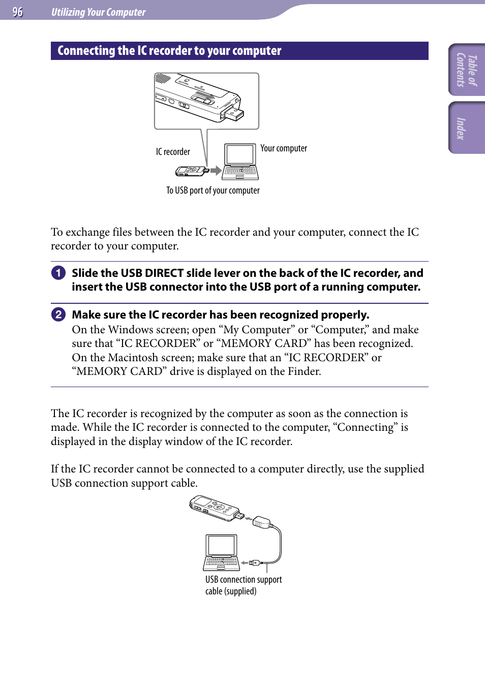 Connecting the ic recorder to your computer, Connecting the ic recorder to your, Computer | Sony ICD-UX523BLK User Manual | Page 96 / 140