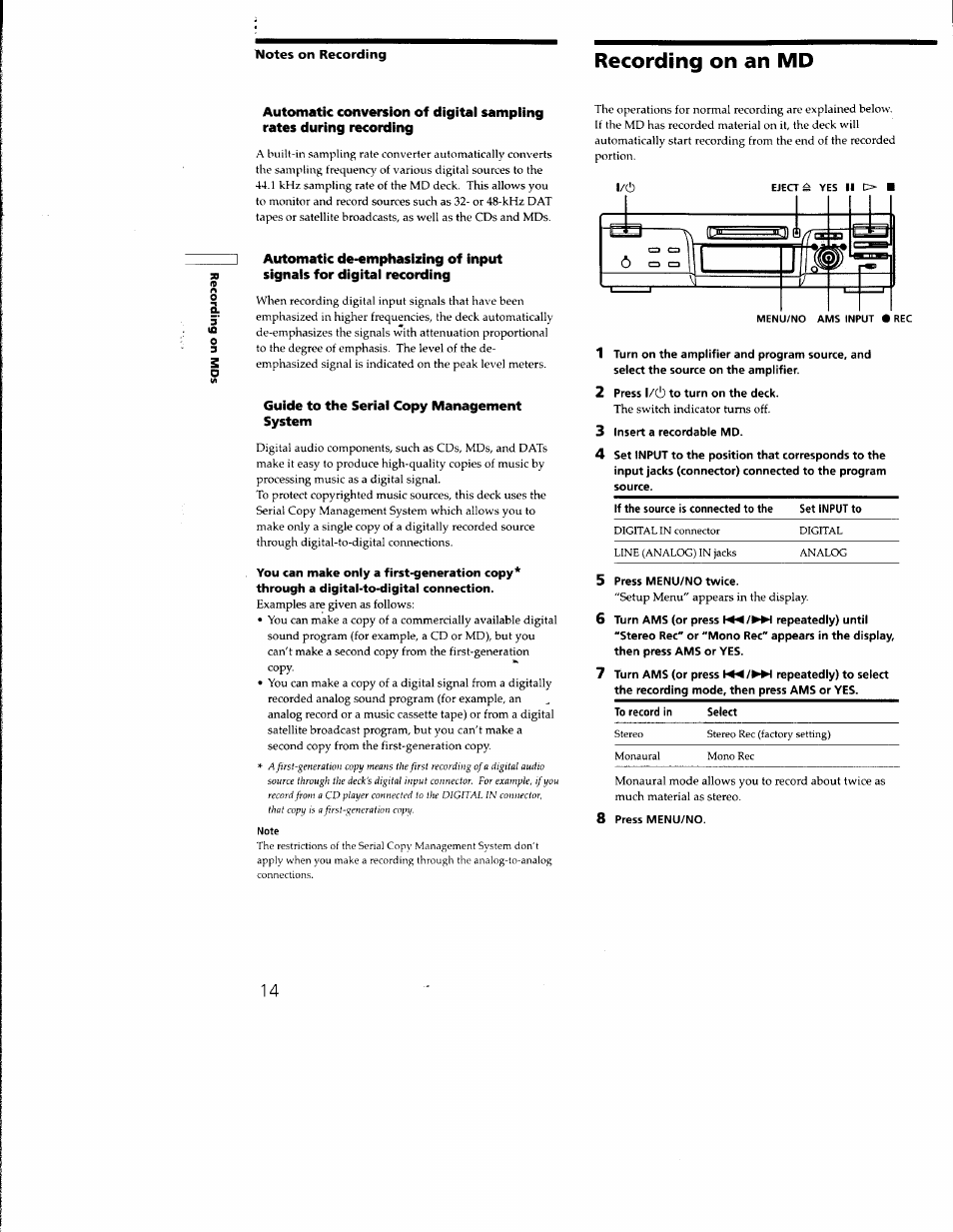 Islotes on recording, Recording on an md, Guide to the serial copy management system | 5 press menu/no twice, 6 turn ams (or press repeatedly) until, 8 press menu/no | Sony MDS-M100 User Manual | Page 14 / 46