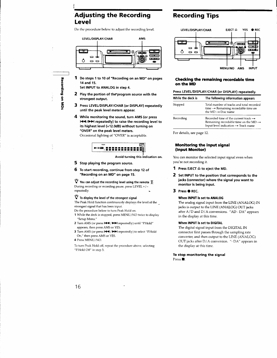 Recording tips, Adjusting the recording level | Sony MDS-M100 User Manual | Page 16 / 46