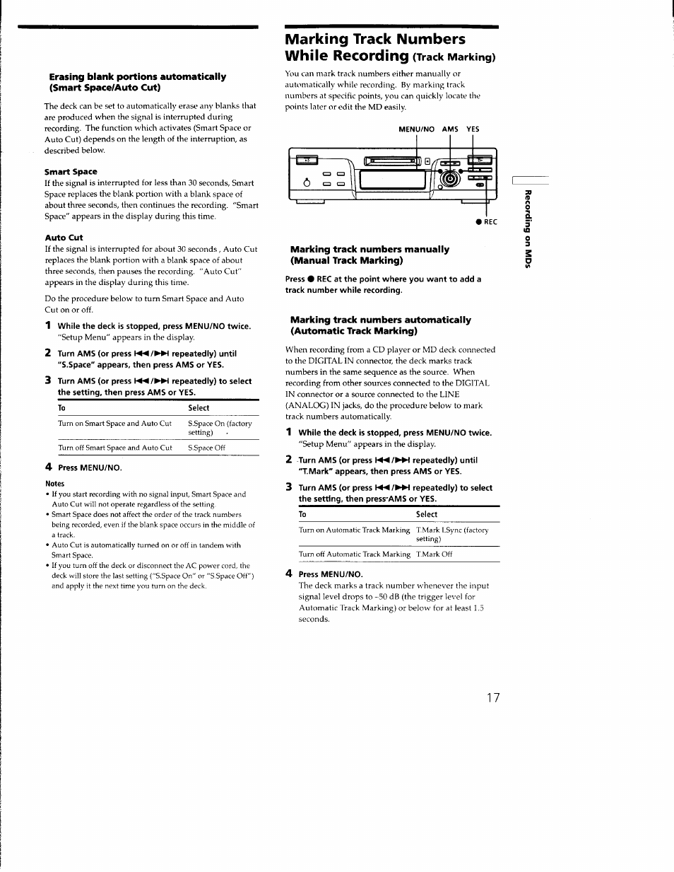 Smart space, Auto cut, 1 while the deck is stopped, press menu/no twice | 2 turn ams (or press repeatedly) until, 3 turn ams (or press repeatedly) to select, 4 press menu/no, Press menu/no, Marking track numbers while recording | Sony MDS-M100 User Manual | Page 17 / 46