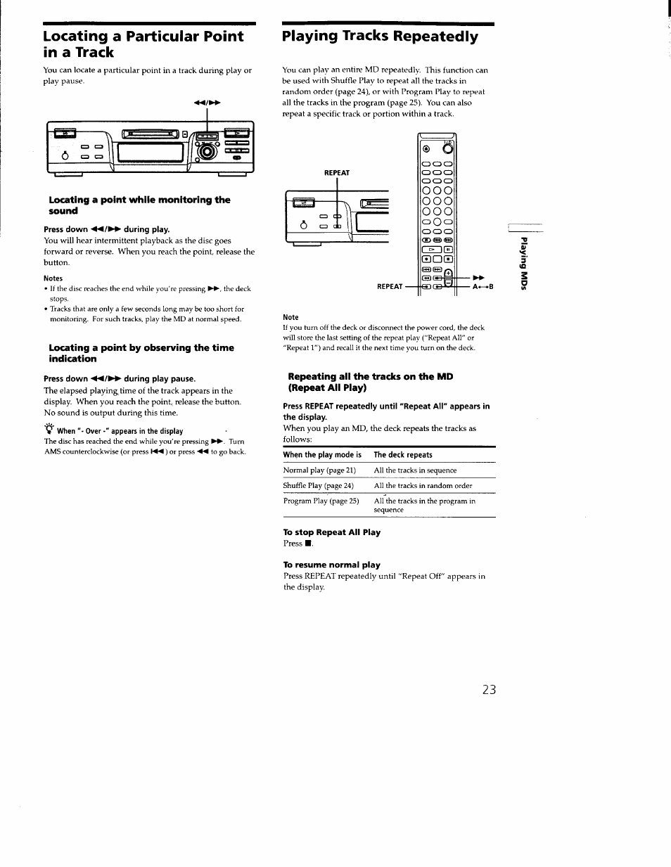 Locating a particular point in a track, Press down during play, Press down during play pause | Playing tracks repeatedly, To resume normal play, Ó c= c3 11 | Sony MDS-M100 User Manual | Page 23 / 46