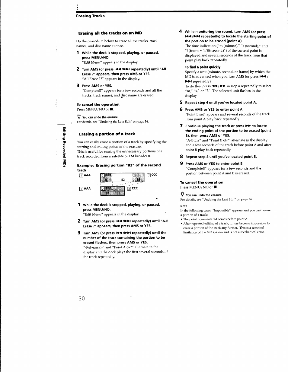 Erasing tracks, 3 press ams or yes, To cancel the operation | Example: erasing portion 