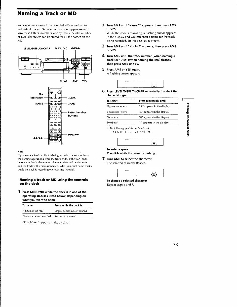 Naming a track or md, 5 press ams or yes again, To enter a space | 7 turn ams to select the character, To change a selected character | Sony MDS-M100 User Manual | Page 33 / 46