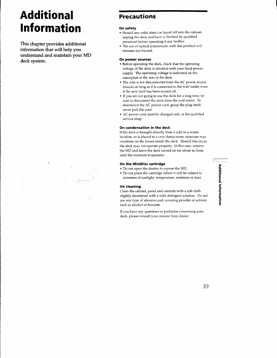 Additional, Information, Precautions | Additional information | Sony MDS-M100 User Manual | Page 39 / 46