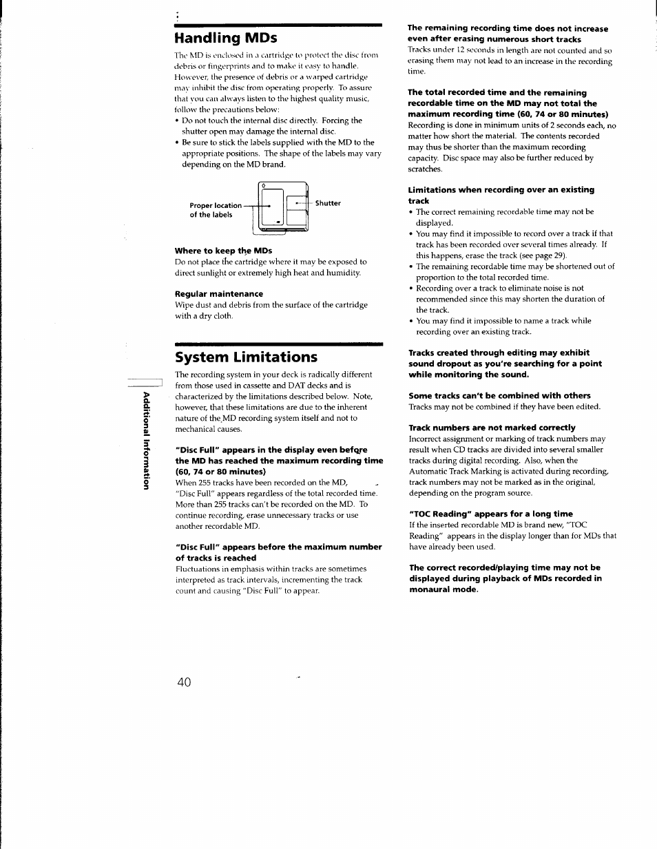 Handling mds, System limitations | Sony MDS-M100 User Manual | Page 40 / 46