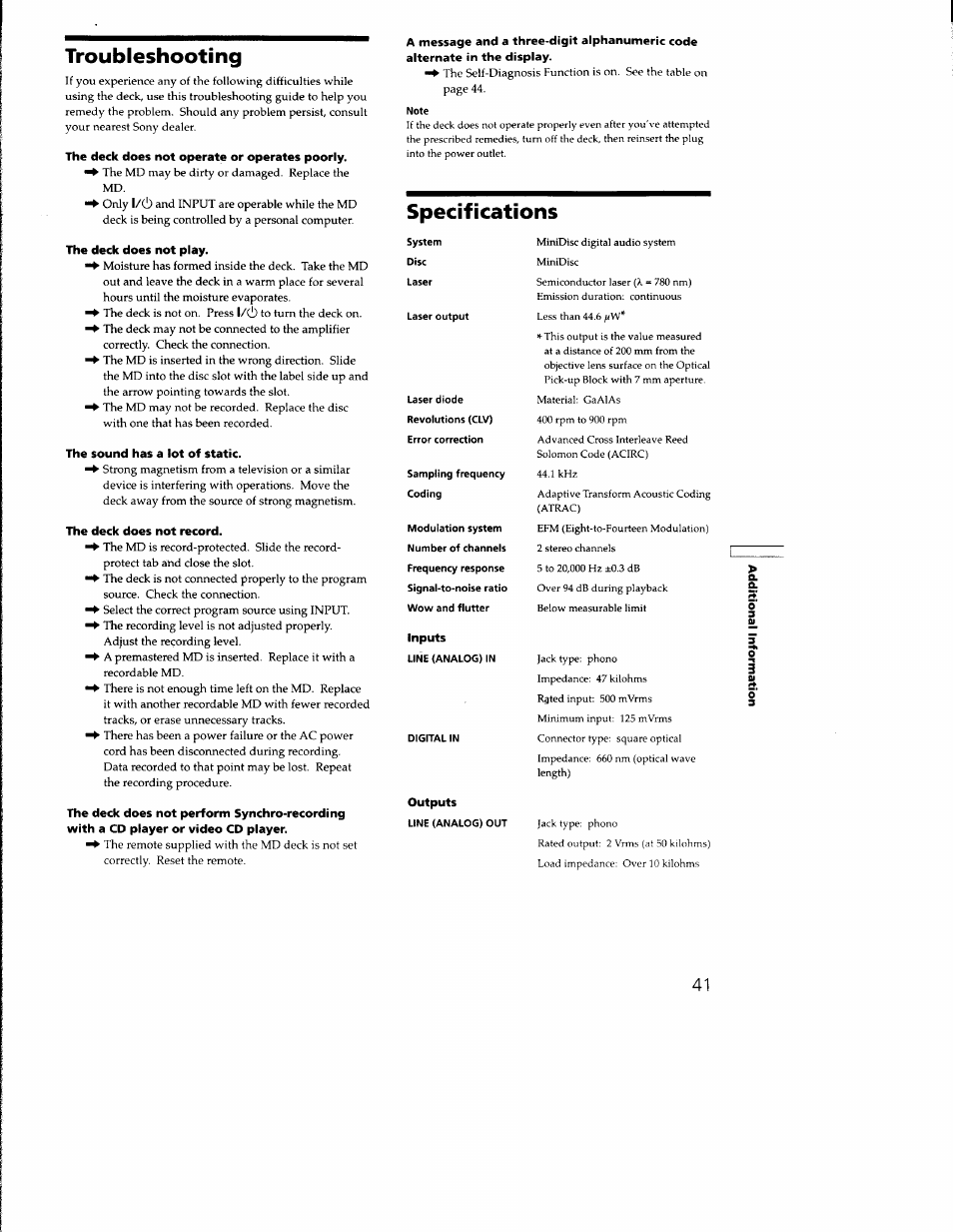 Troubleshooting, Specifications | Sony MDS-M100 User Manual | Page 41 / 46