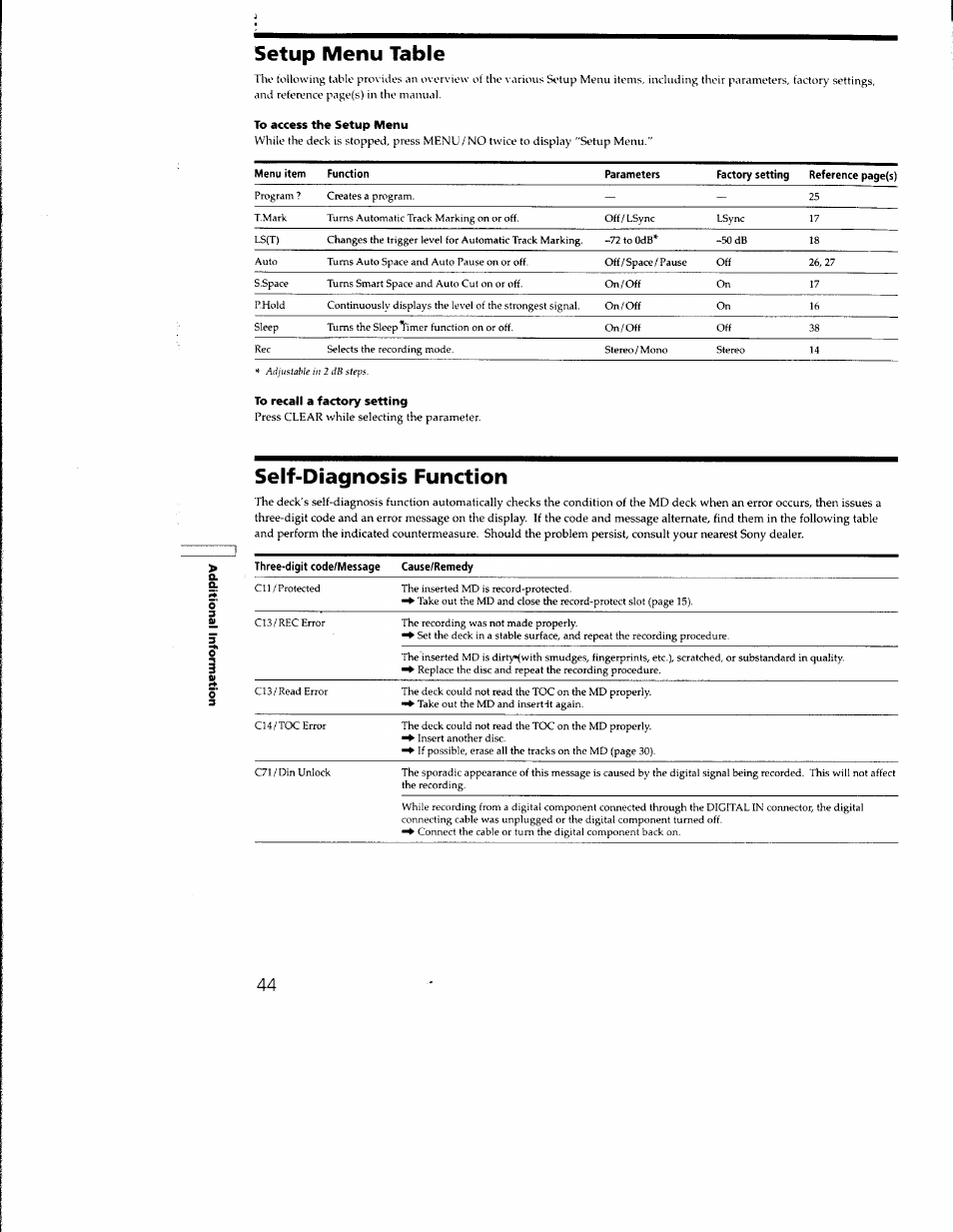 Setup menu table, Self-diagnosis function, Three-digit code/message cause/remedy | Sony MDS-M100 User Manual | Page 44 / 46