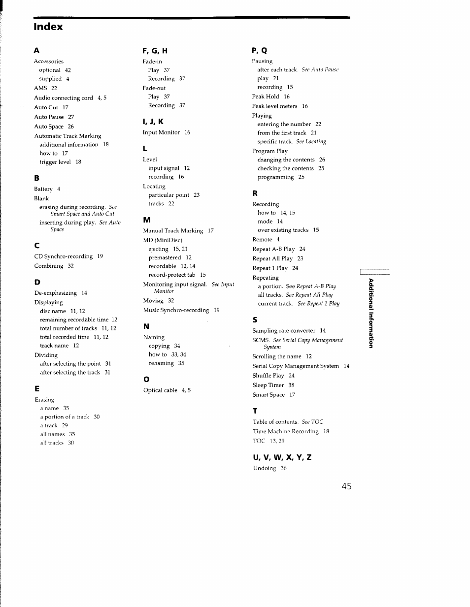 Index, P, q | Sony MDS-M100 User Manual | Page 45 / 46