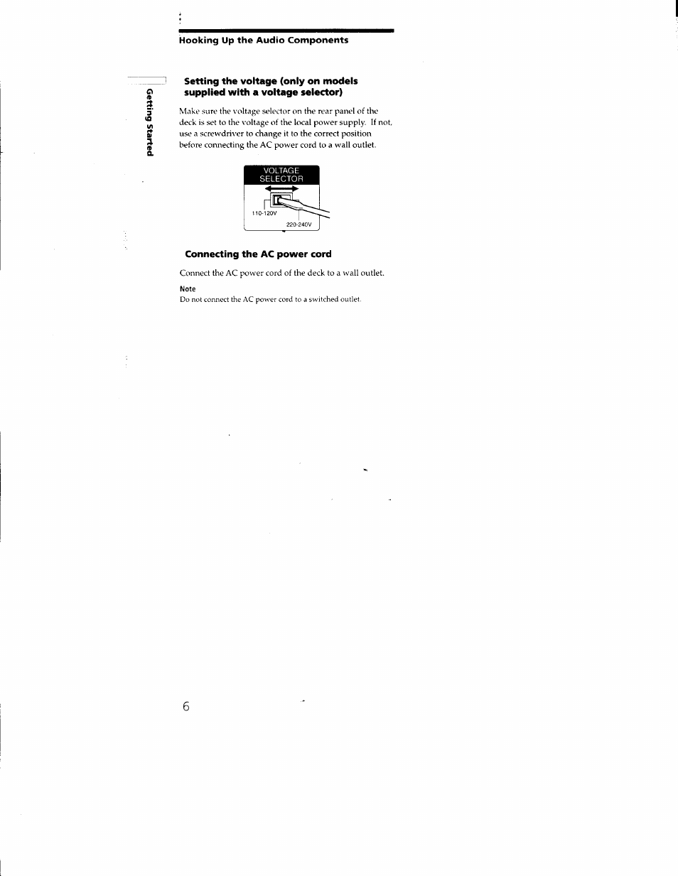 Hooking up the audio components, Connecting the ac power cord | Sony MDS-M100 User Manual | Page 6 / 46