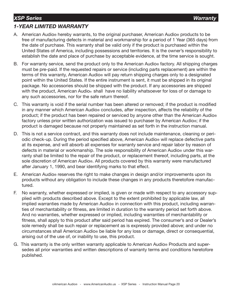 Year limited warranty, Xsp series warranty | American Audio XSP Series User Manual | Page 20 / 24