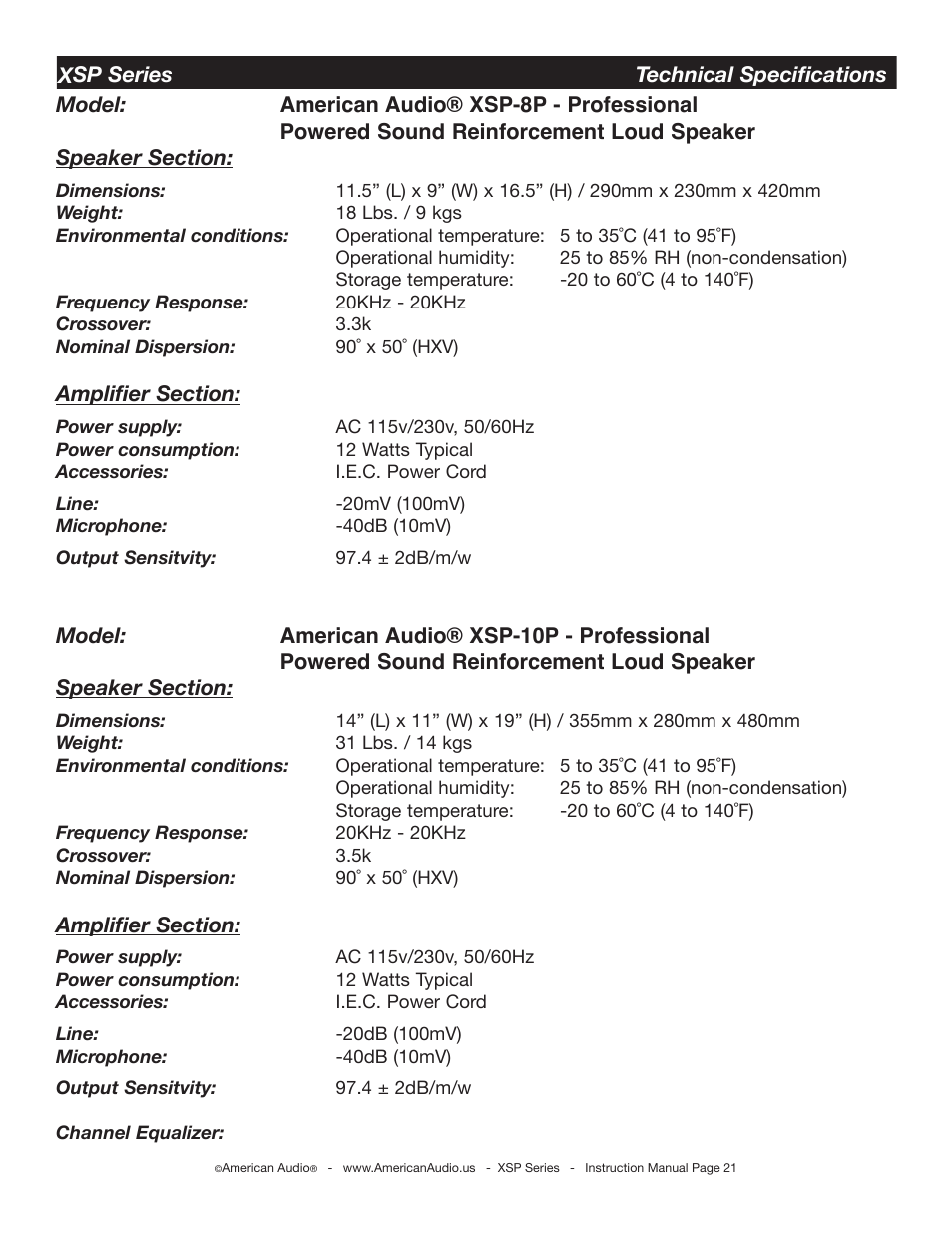 American Audio XSP Series User Manual | Page 21 / 24