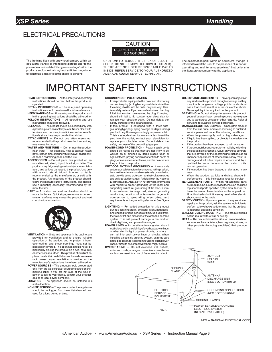 Important safety instructions, Electrical precautions, Xsp series handling | Caution | American Audio XSP Series User Manual | Page 3 / 24