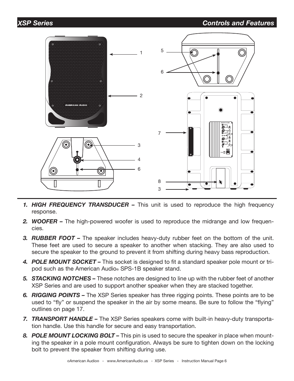 Xsp series controls and features | American Audio XSP Series User Manual | Page 6 / 24