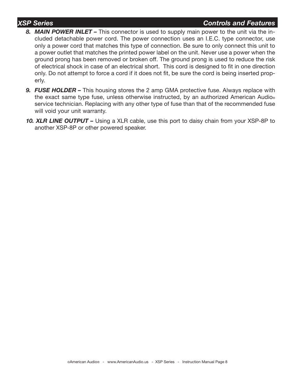 Xsp series controls and features | American Audio XSP Series User Manual | Page 8 / 24