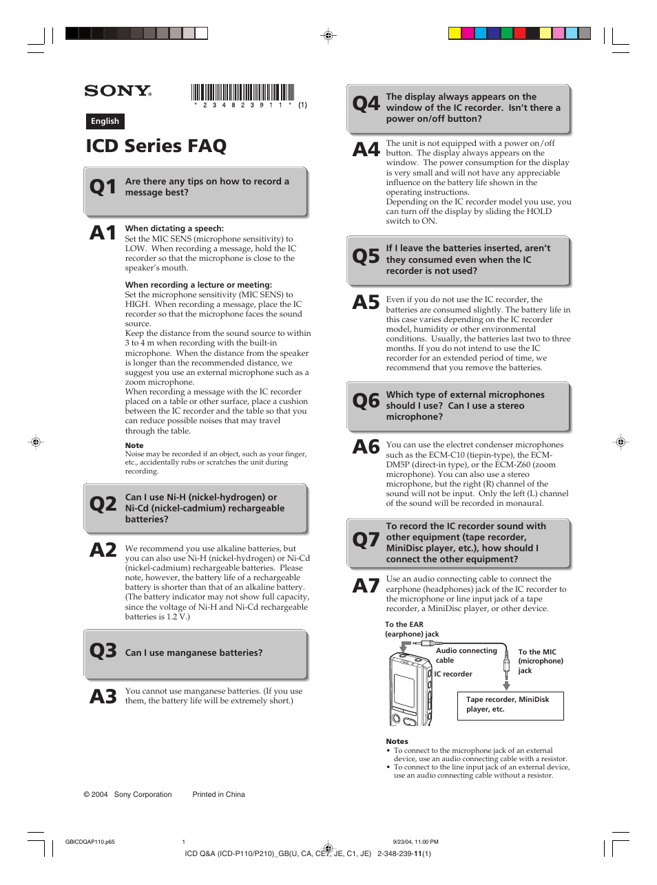 Sony ICD-P210 User Manual | 2 pages